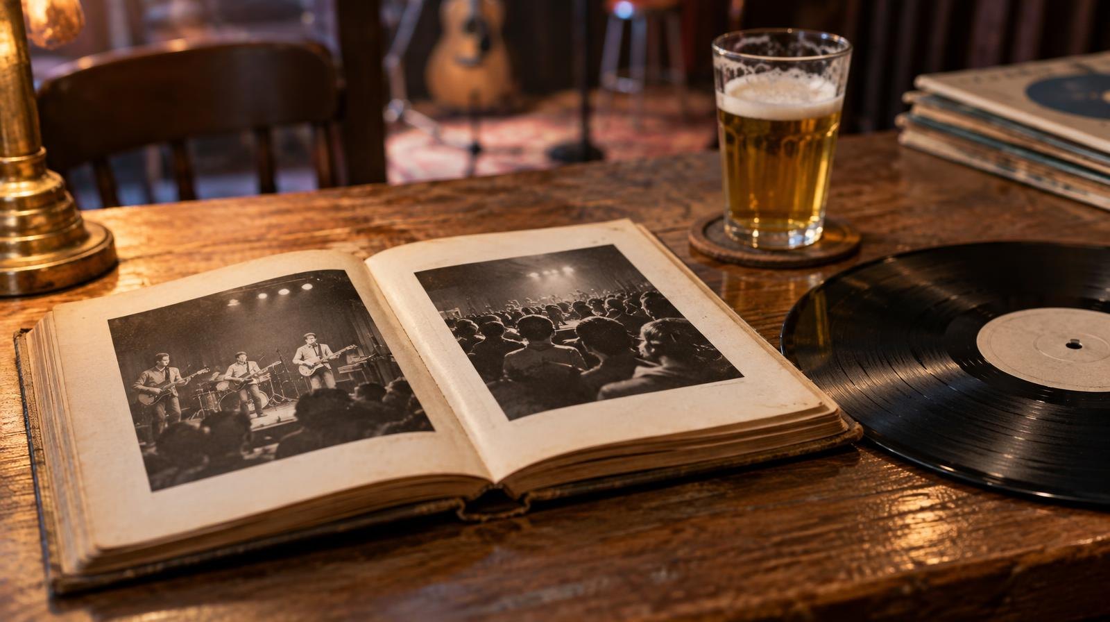 An open book, vinyl record, and glass of beer on a wooden table.