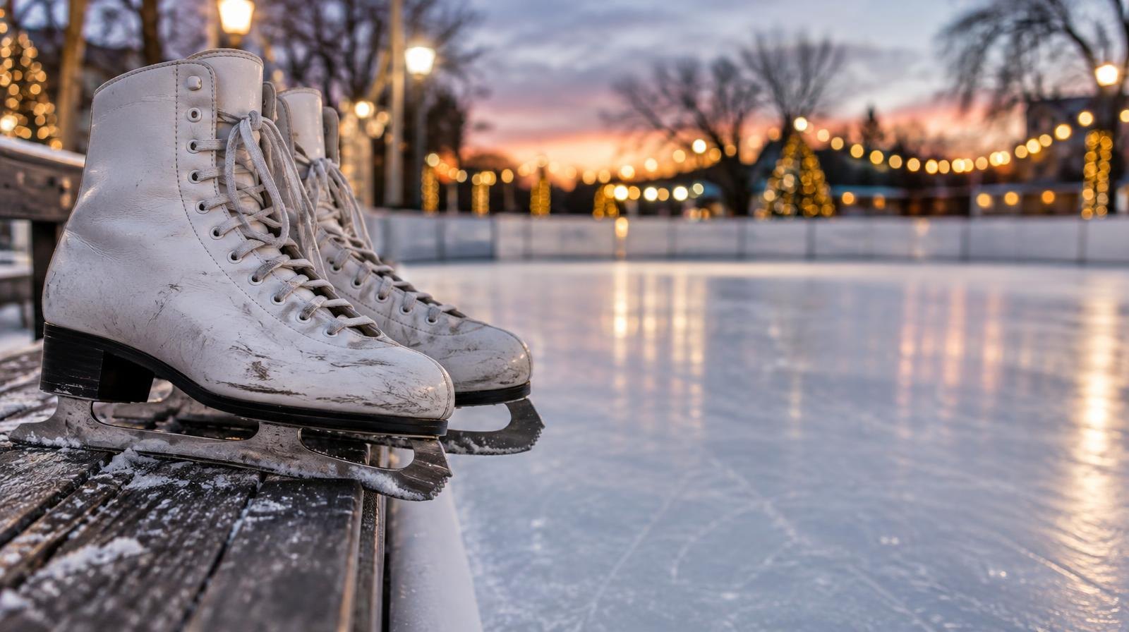 A pair of ice skates resting on the edge of a smooth frozen rink.