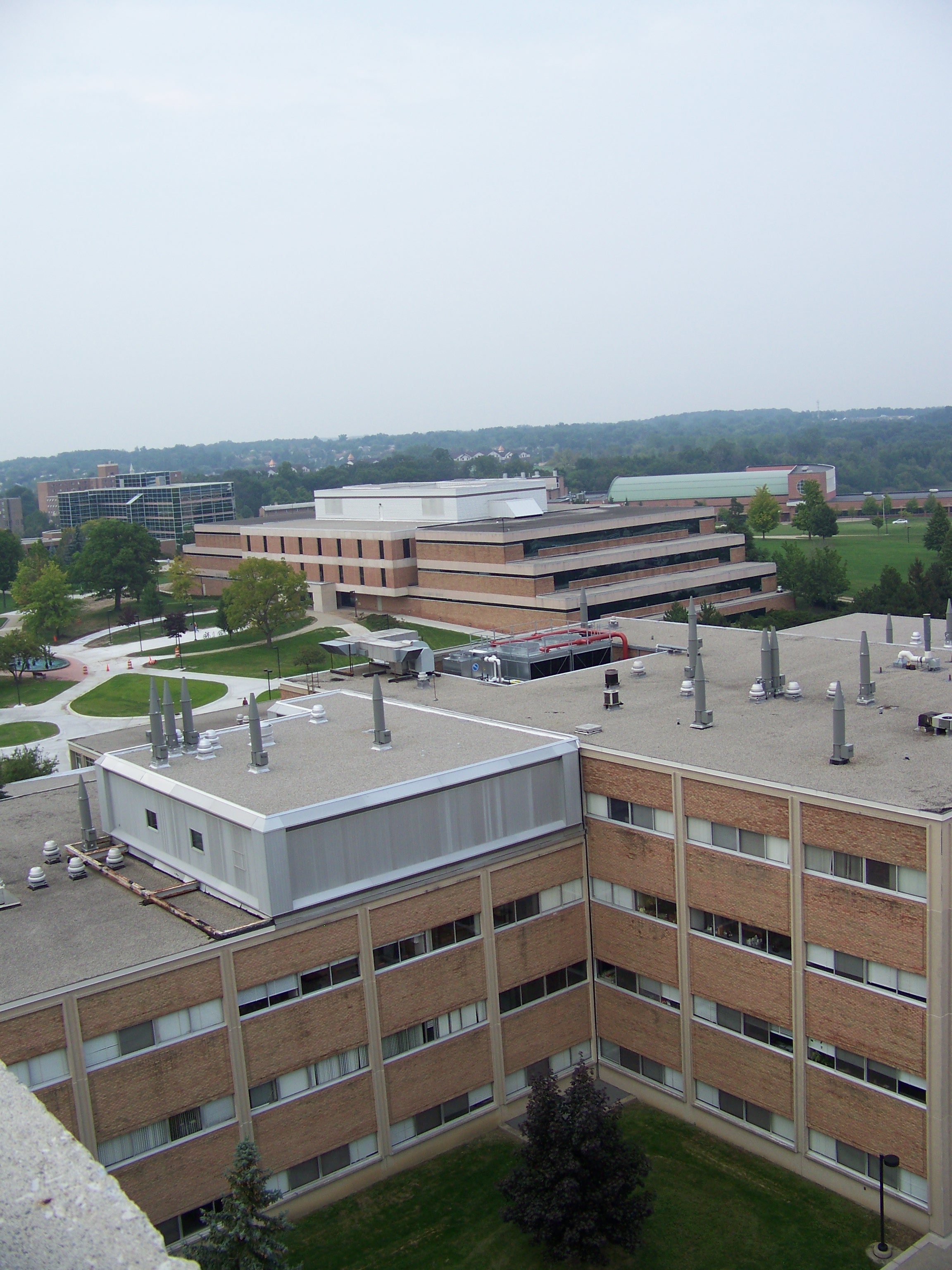 Elevated view of brick university campus buildings, walkways, and trees.