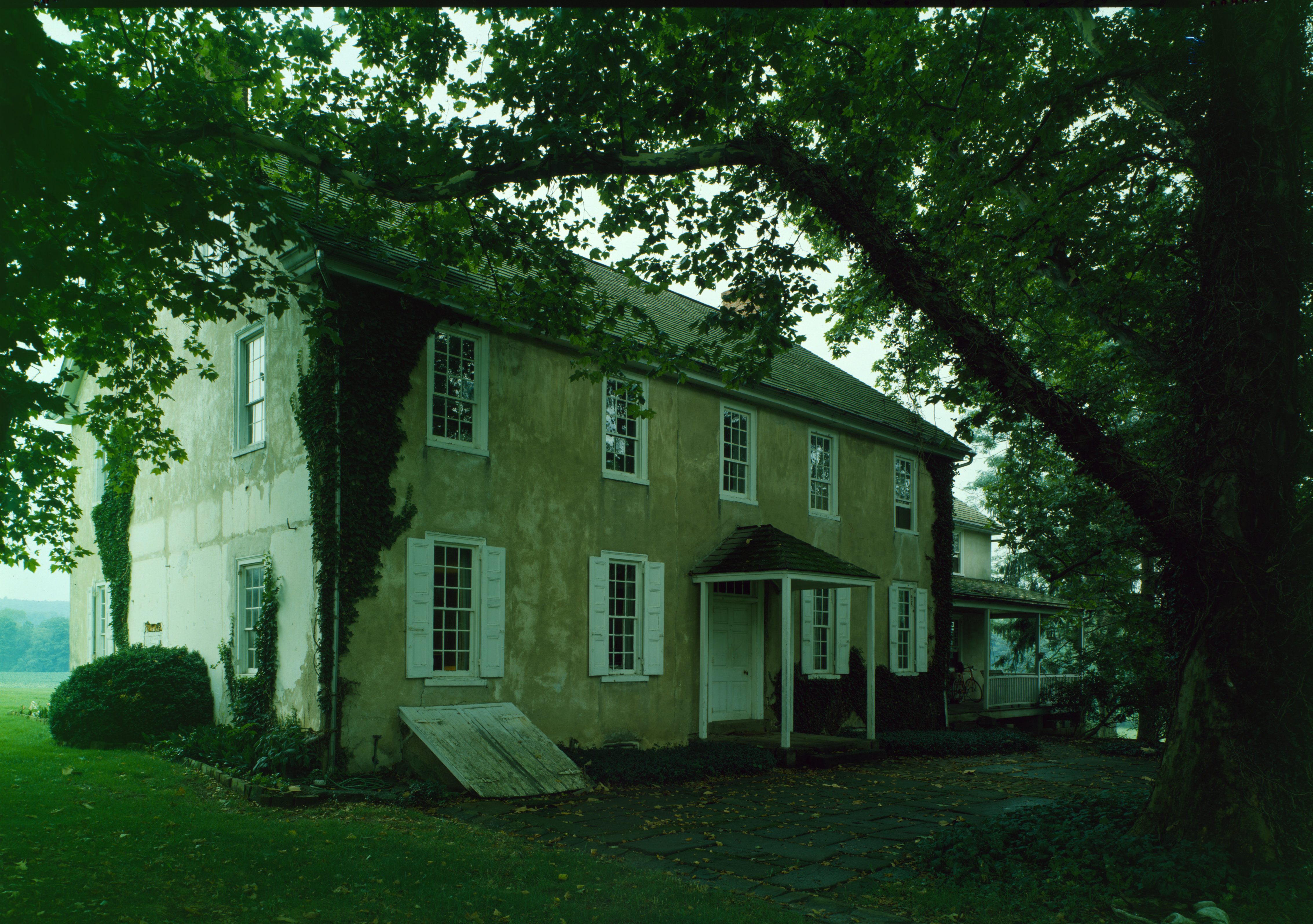 Two-story stucco farmhouse with ivy and large trees on a rural Chester County property.