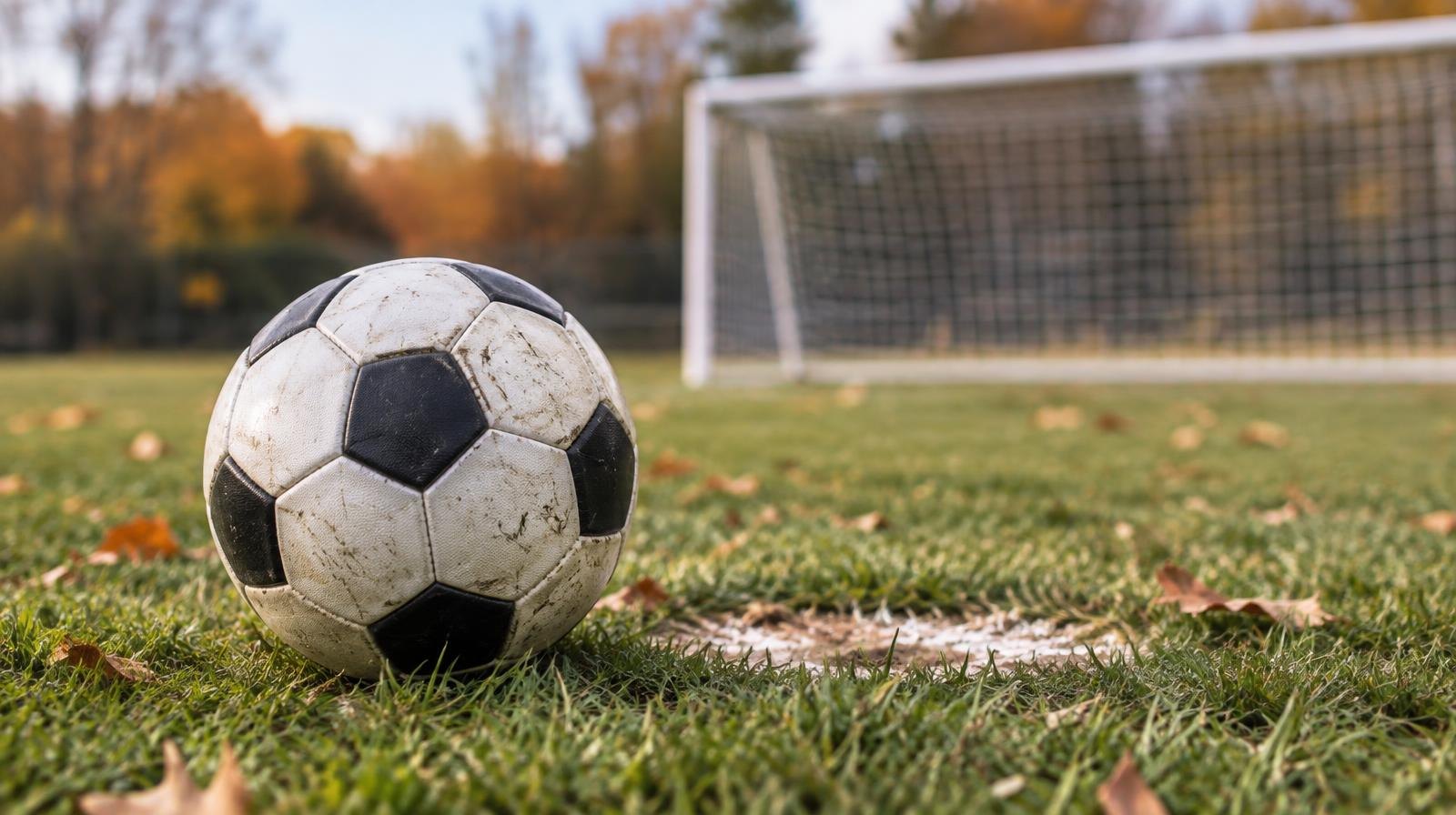 A black-and-white soccer ball on a grass field near a goal net.