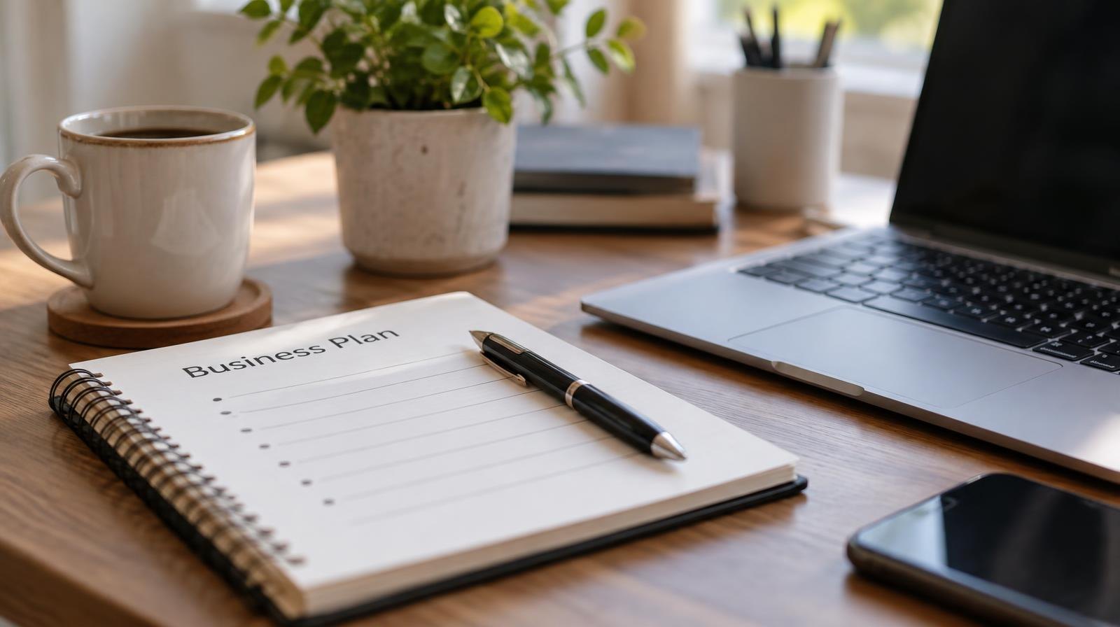 Open notebook, pen, and laptop on a desk in natural light.