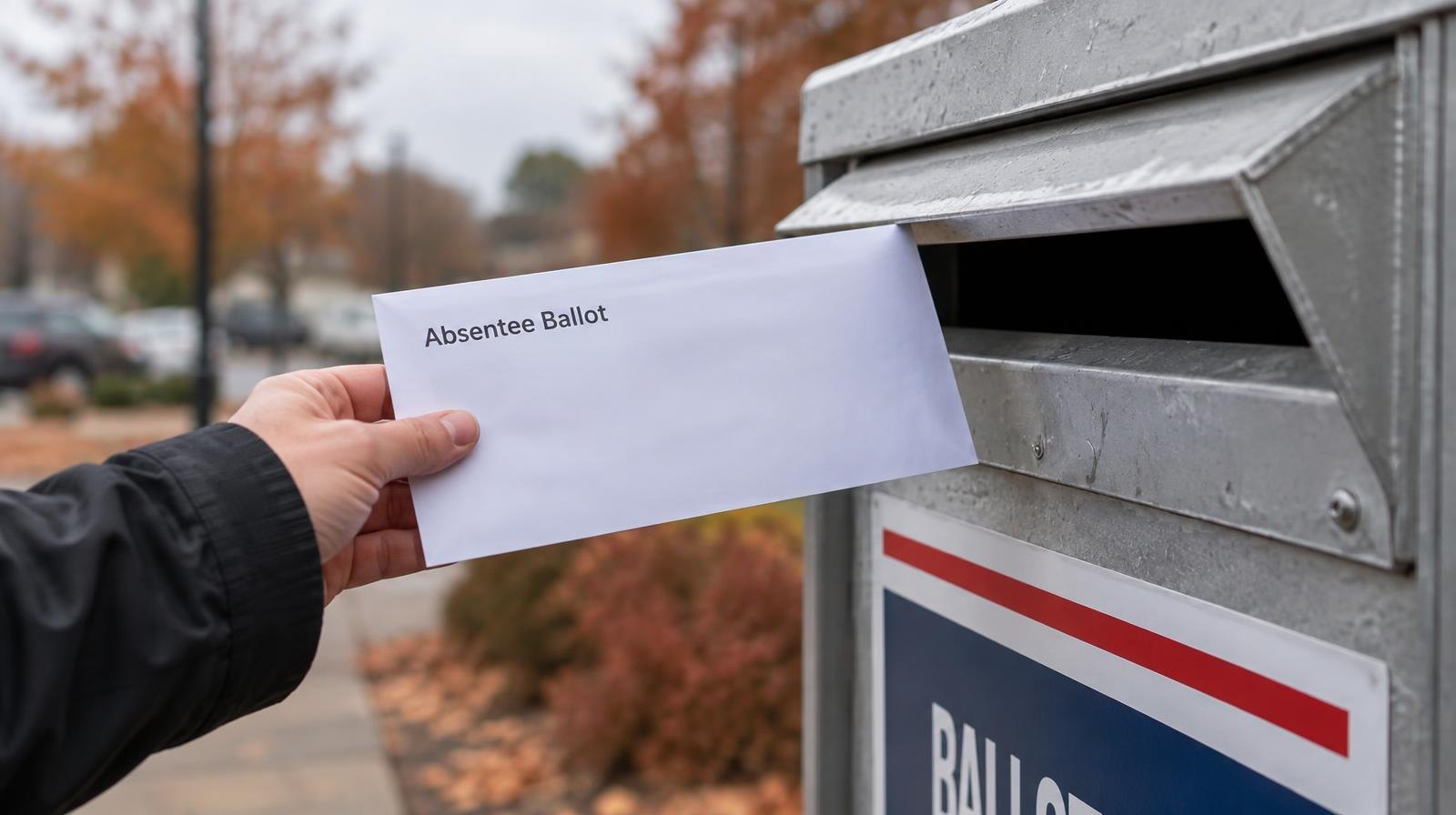 A sealed white envelope resting next to a ballot drop box slot outdoors.