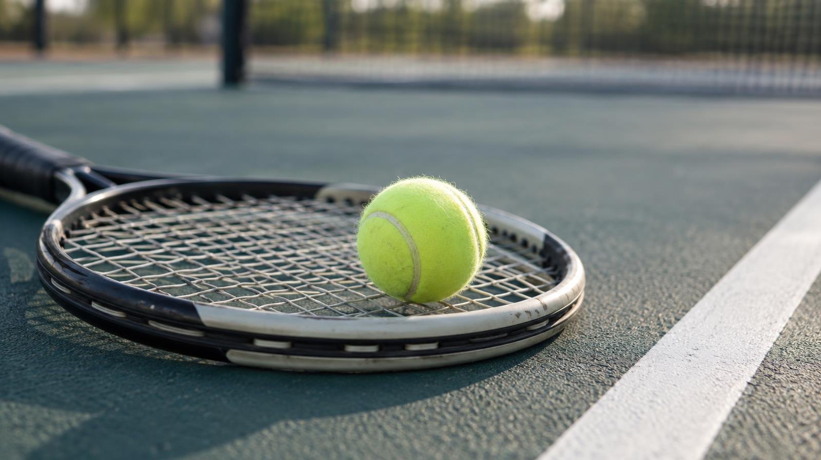A yellow tennis ball resting on the strings of a tennis racket on a hard court.