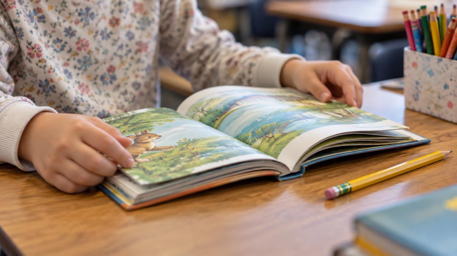 Small hands holding open a colorful picture book on a wooden desk.