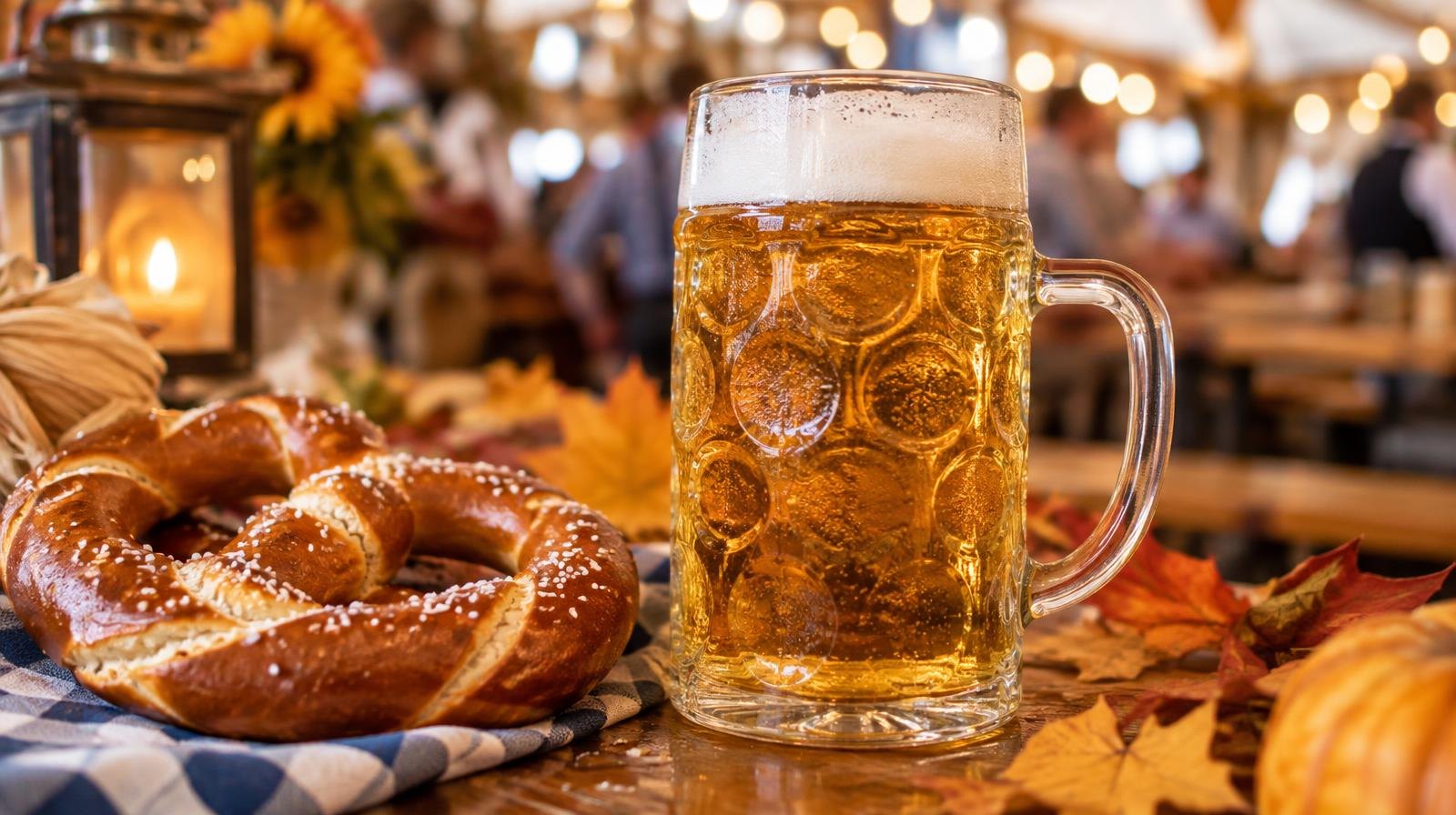 A ceramic beer stein filled with golden lager beside a soft pretzel and autumn leaves on a wooden table.