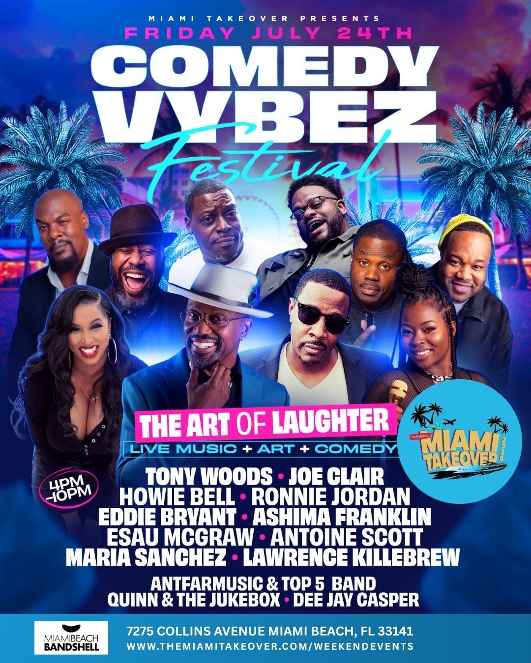 Promotional flyer for Comedy Vybez Festival listing performers and event details.