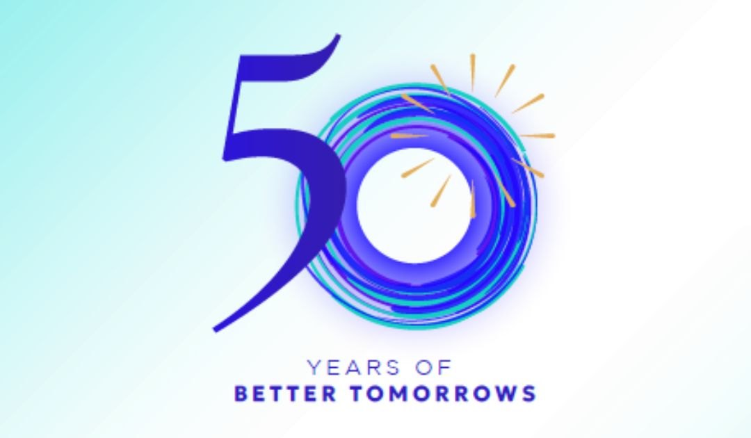 Anniversary logo reading '50 Years of Better Tomorrows' with blue circular swirls.