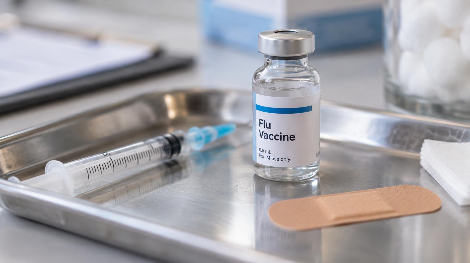 A syringe, vaccine vial, and adhesive bandage on a clean medical tray.