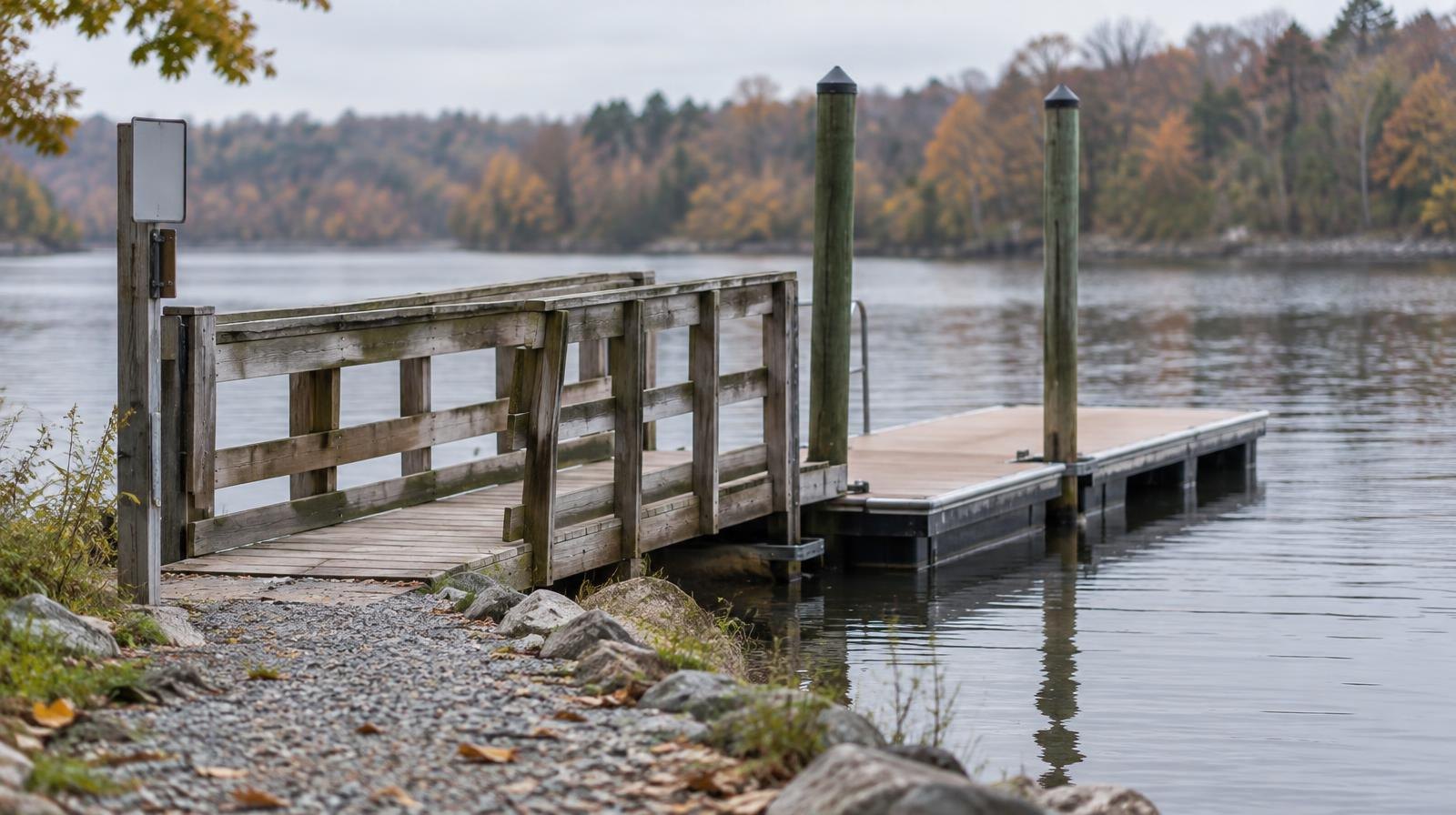 A wooden pier and floating dock on a calm river with a gravel path leading to the water.