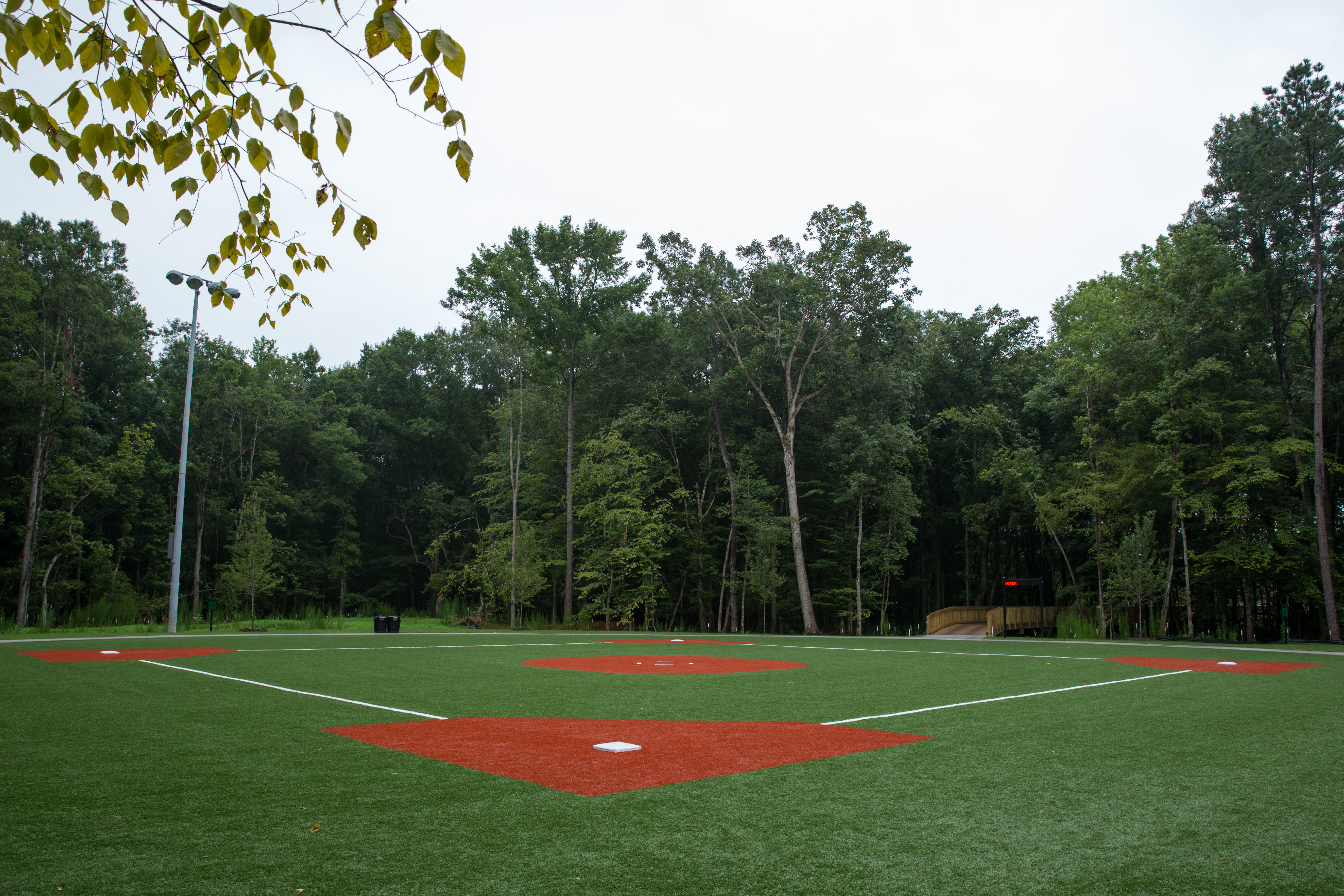 Empty softball diamond with red clay infield and green turf outfield surrounded by trees.