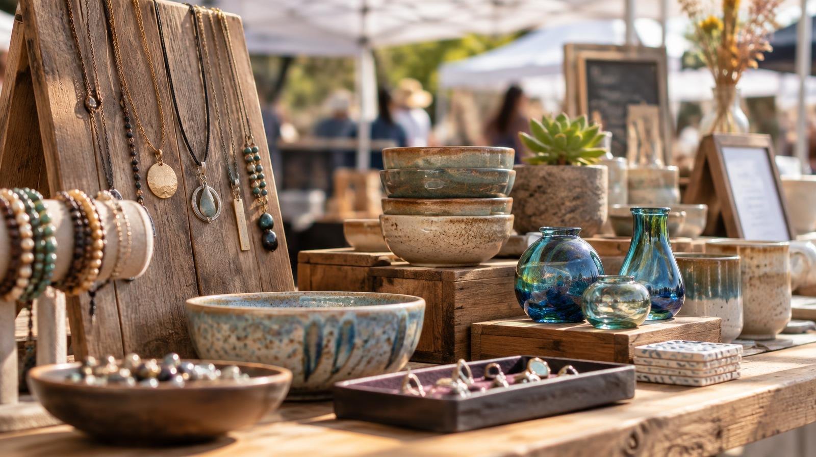 Wooden table covered with handcrafted jewelry, ceramic bowls, and glass objects under a canopy.