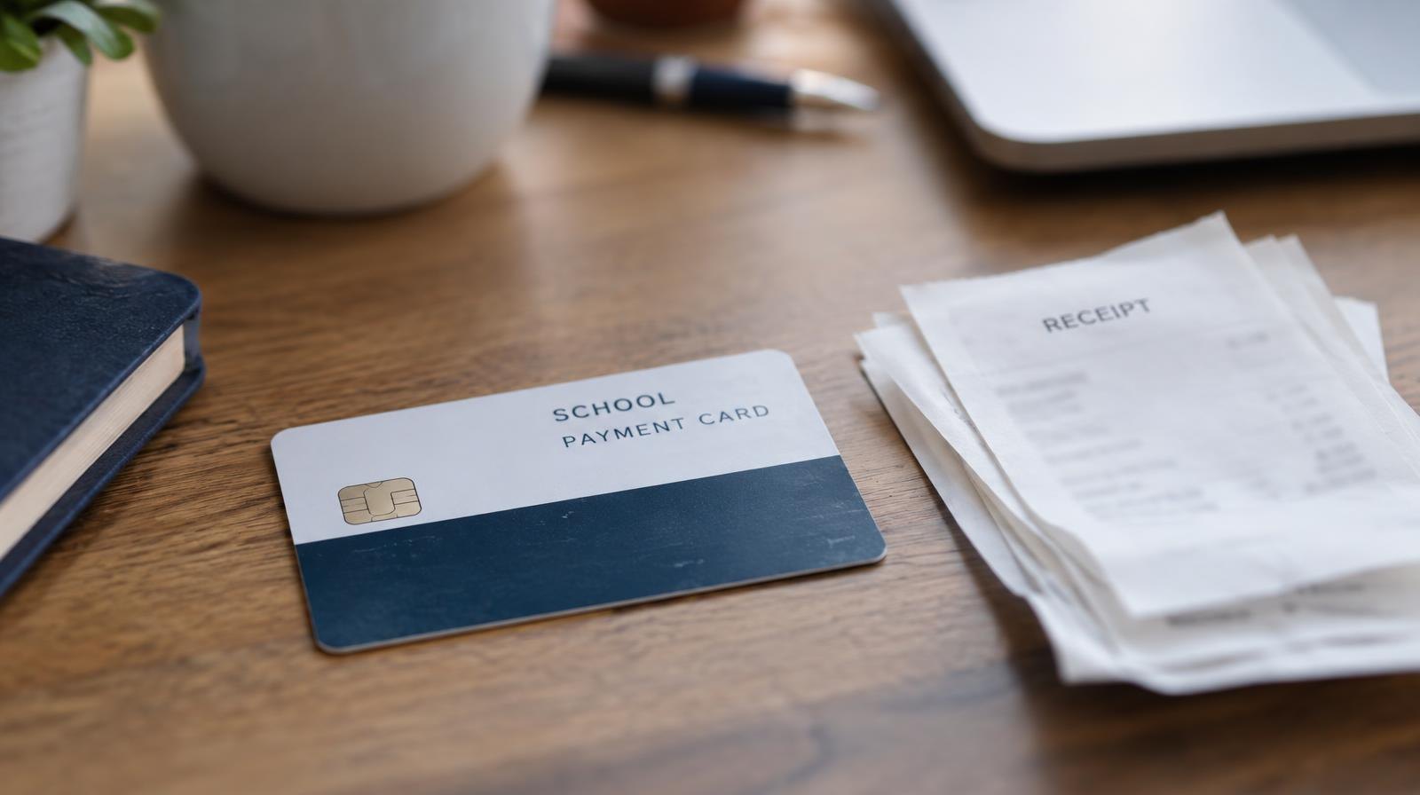 A payment card on a wooden desk next to a small stack of receipts.
