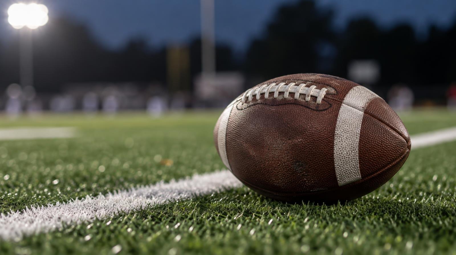 An American football on green turf beside a white yard line under bright stadium lights.
