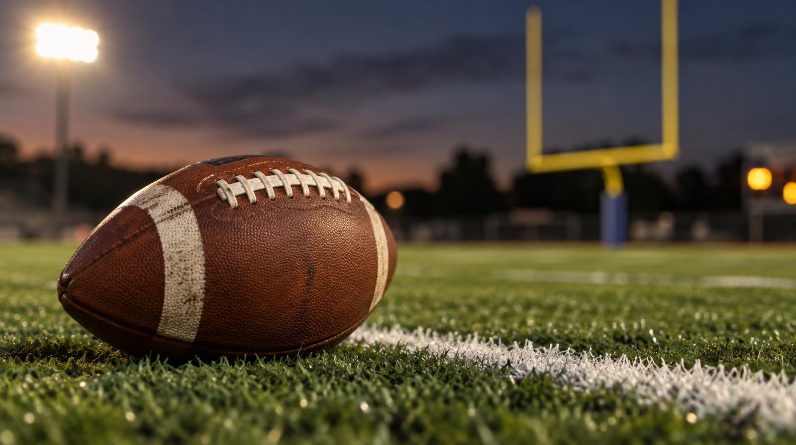 An American football resting on green artificial turf beside a white yard line.