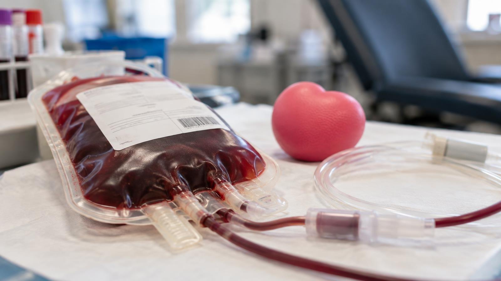 A red blood donation bag beside a coiled IV tube and a pink stress ball on a white surface.