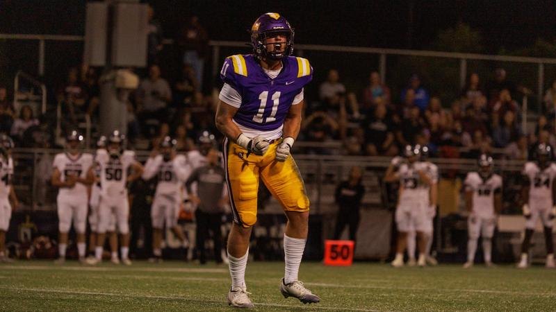Football player in purple and gold jersey number 11 stands on a lit field at night.