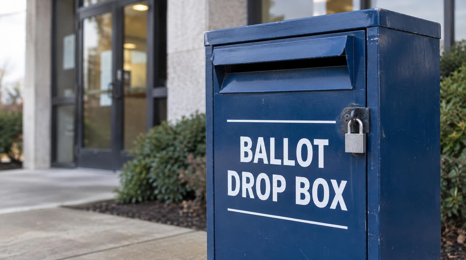 A dark blue metal ballot drop box with a mail slot mounted outdoors near a building entrance.