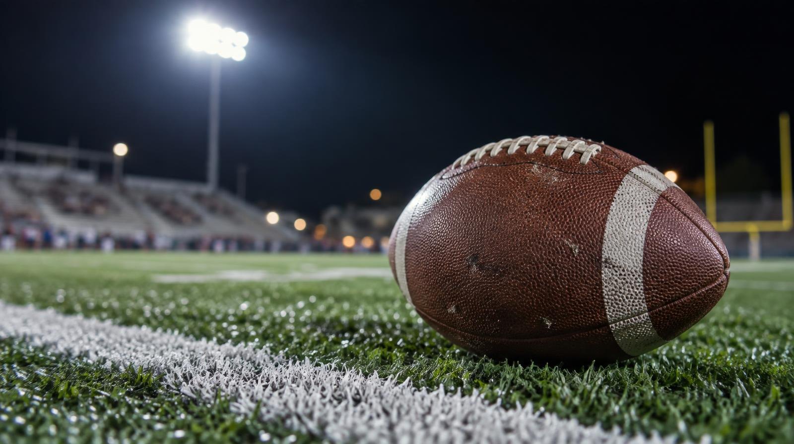 An American football resting on green artificial turf beside a white yard line.