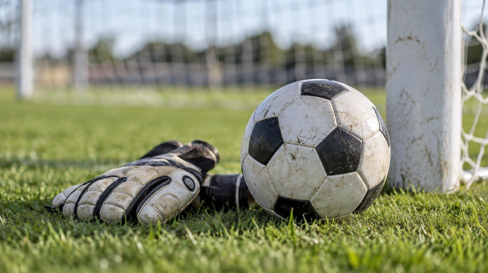 A soccer ball and goalkeeper gloves resting on a grass field near a goal post.
