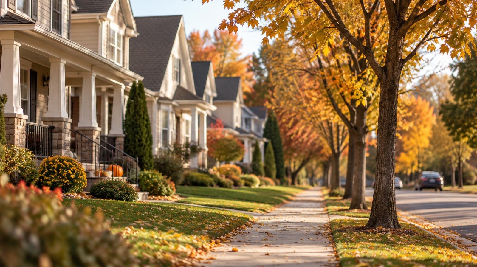 Row of large upscale homes with manicured lawns along a tree-lined suburban street in autumn.
