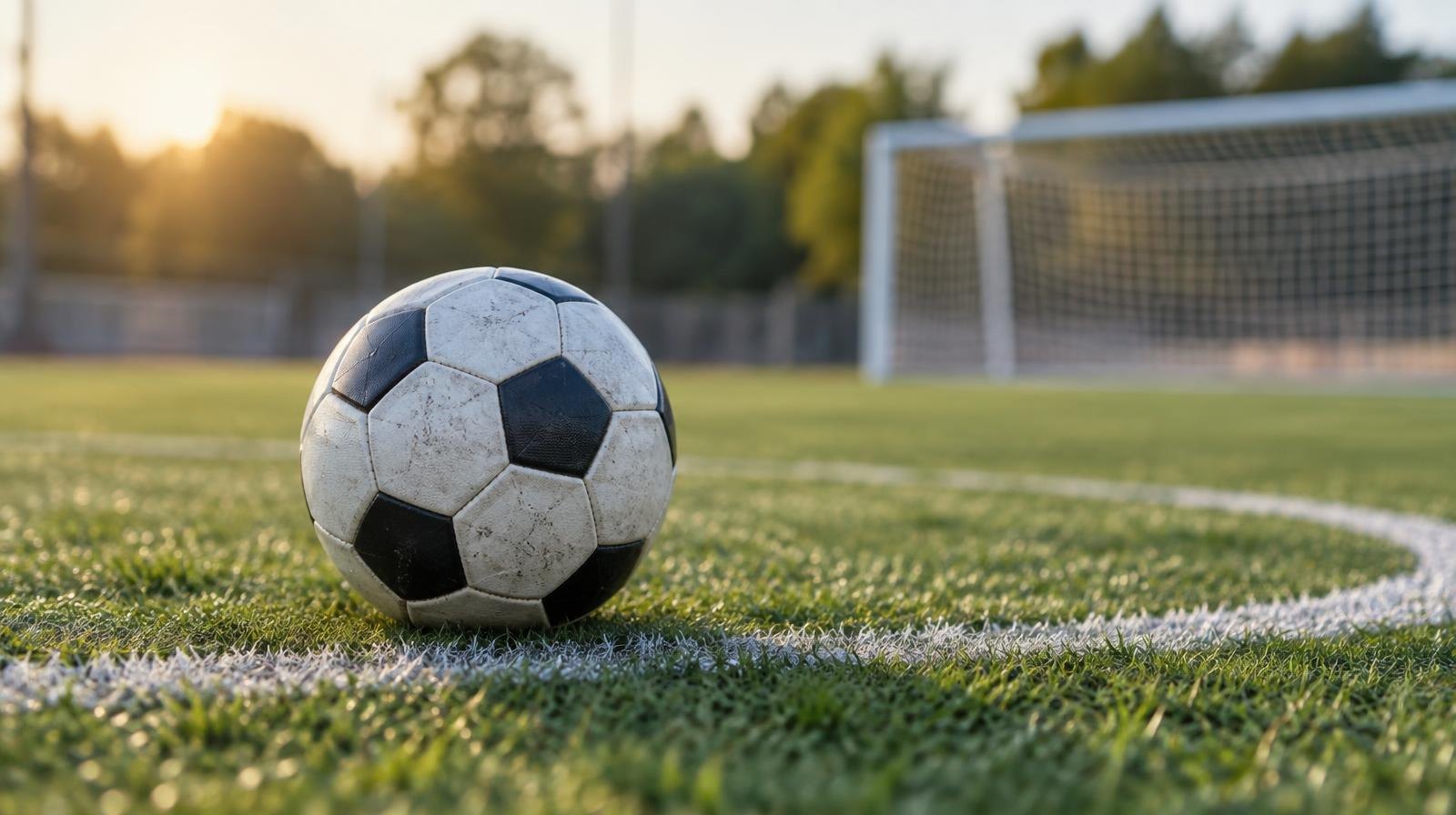 A soccer ball resting on the center circle of a grass field with a goal net blurred in the background.