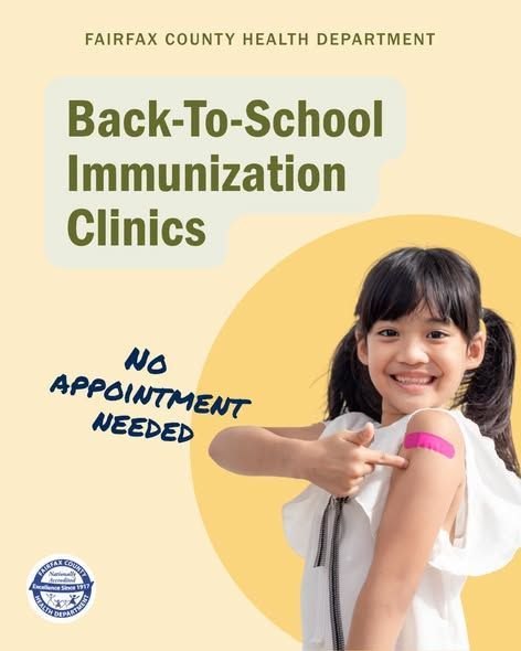 Promotional flyer showing a smiling girl with a bandage on her arm advertising free immunization clinics.