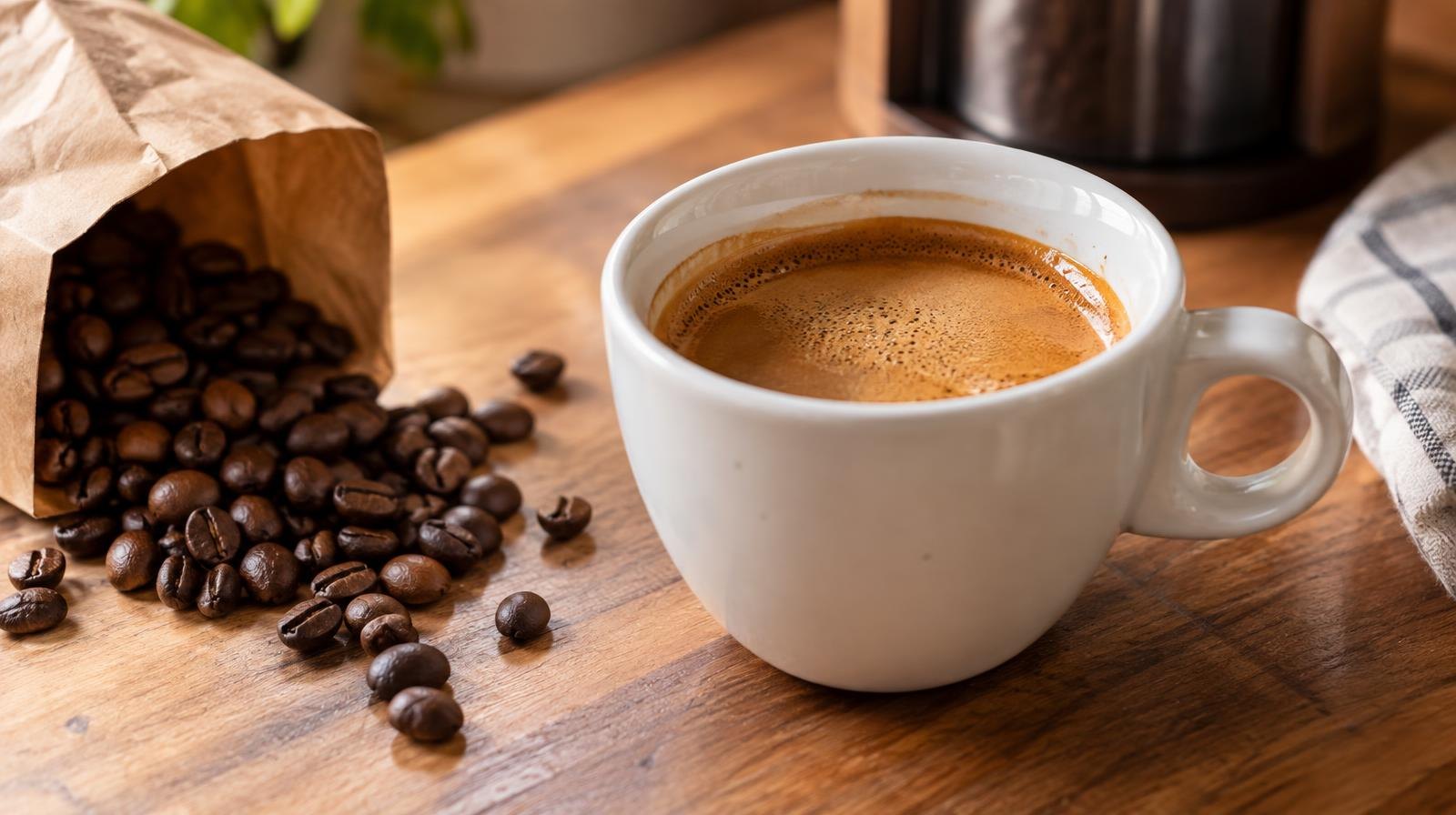 A ceramic espresso cup on a wooden counter beside a small bag of whole coffee beans.