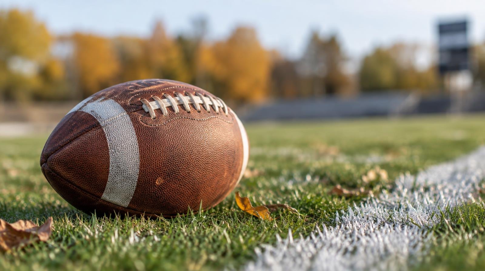 An American football resting on green grass beside a white painted yard line.