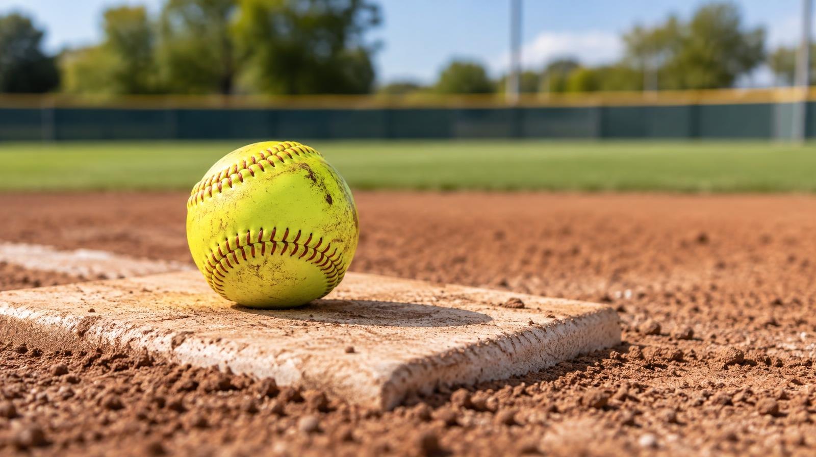 A yellow softball sitting on a pitcher's rubber on a dirt mound with green outfield behind it.
