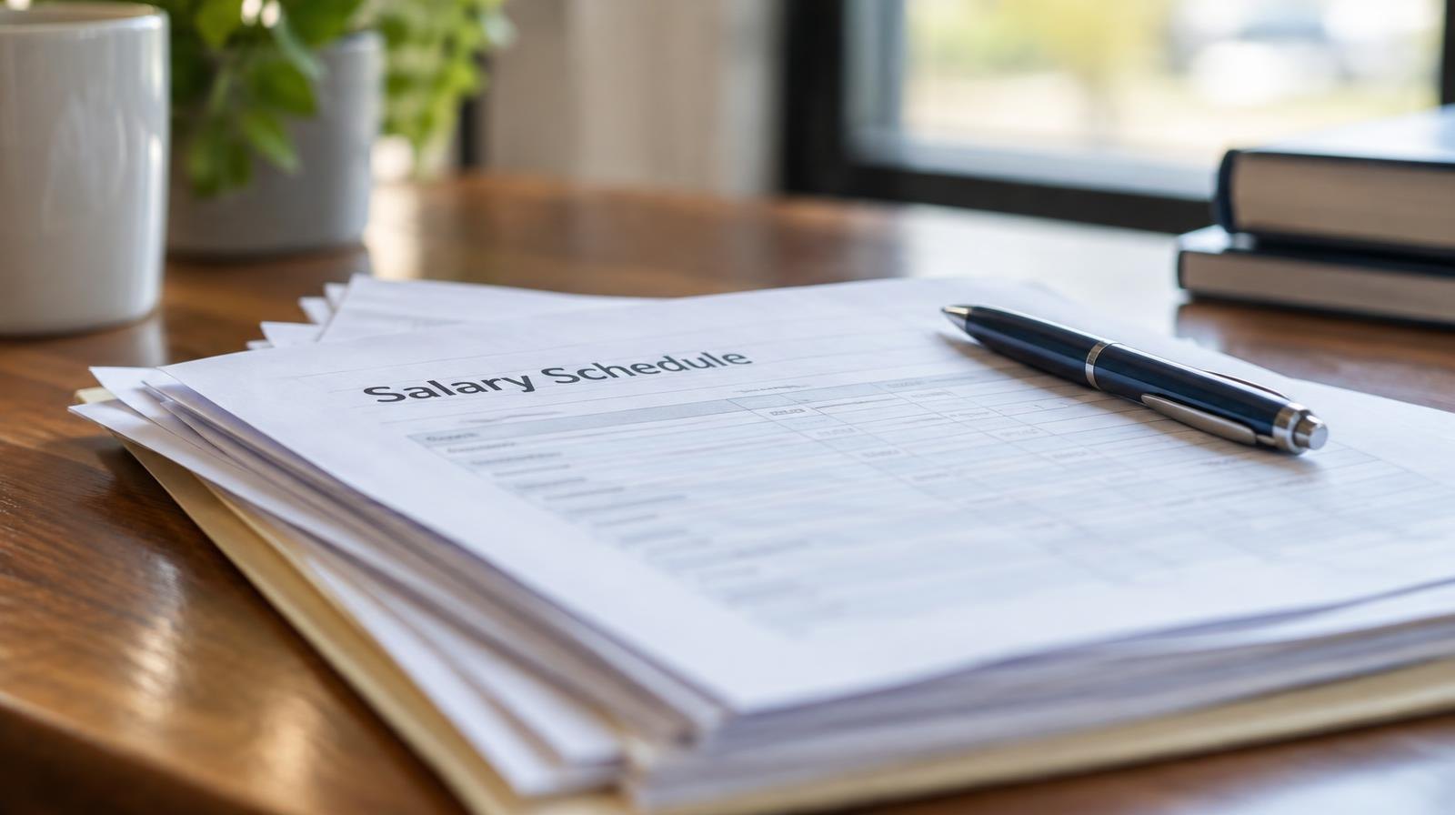 A stack of papers and a pen resting on a wooden desk near a window.