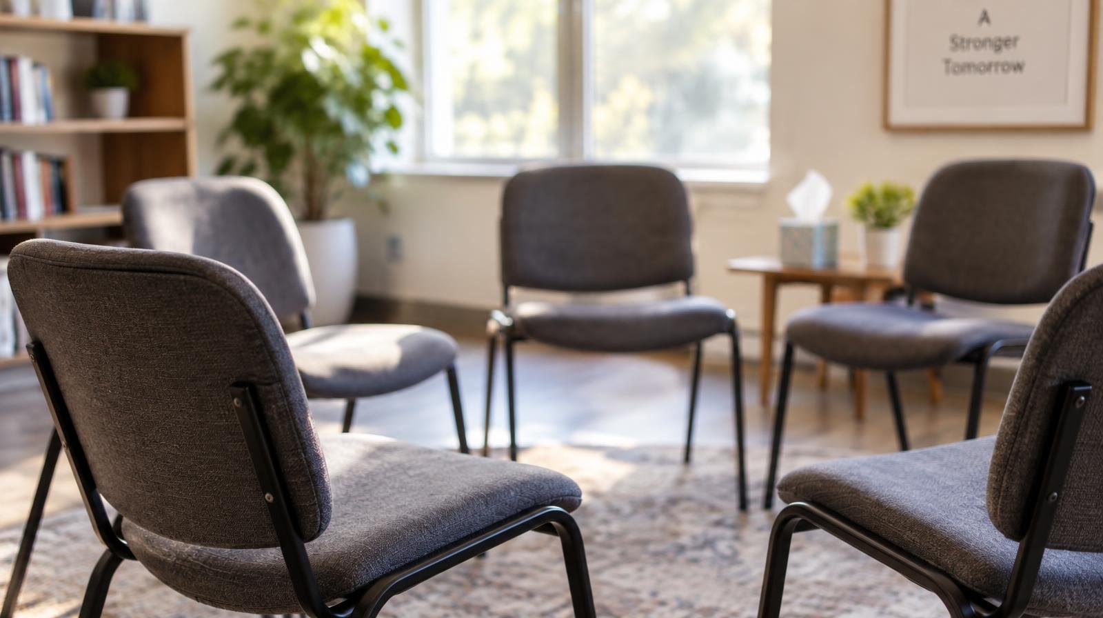 Empty chairs arranged in a circle in a bright, sunlit room.