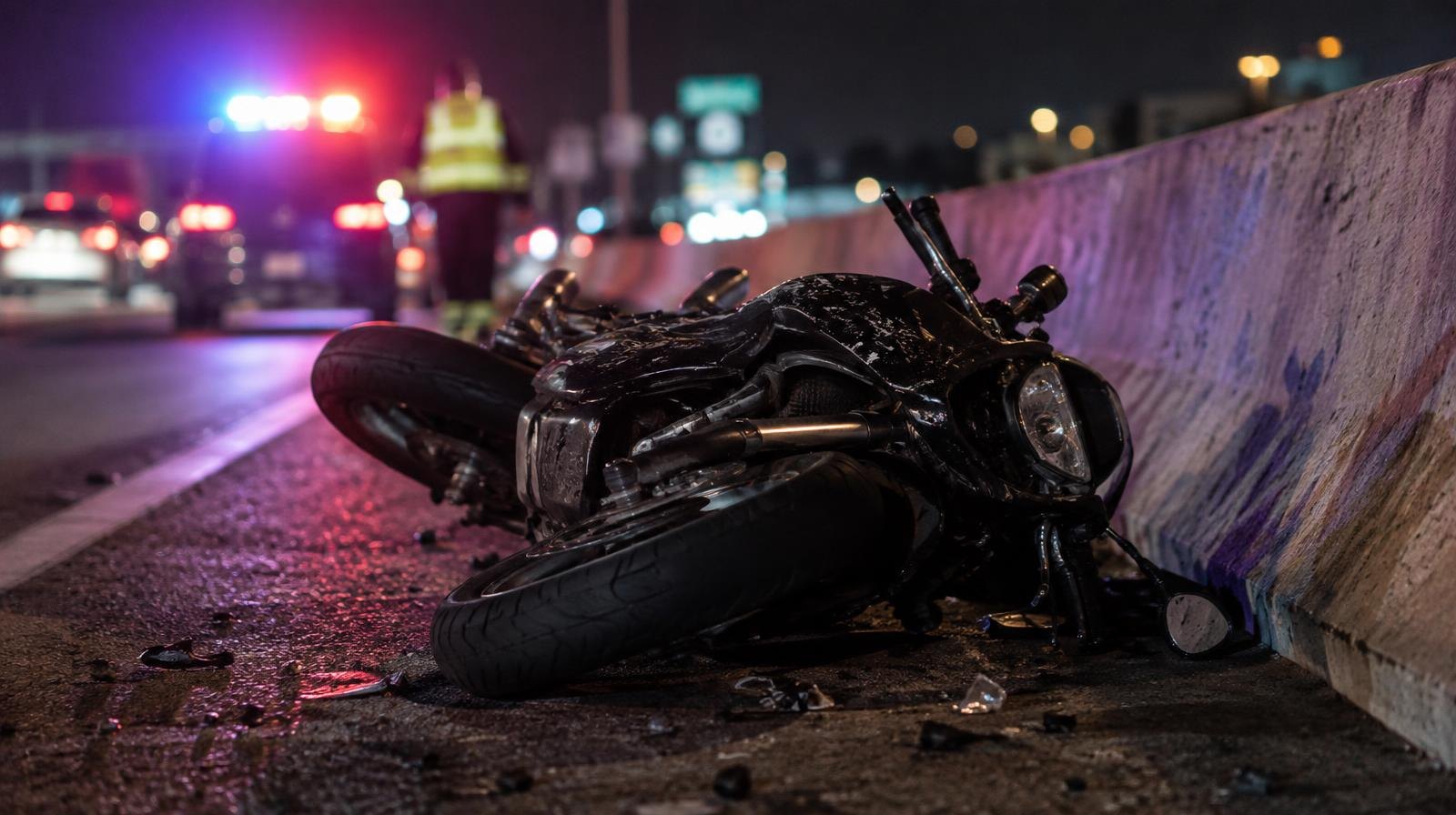 Motorcycle on its side next to a concrete highway barrier at night.