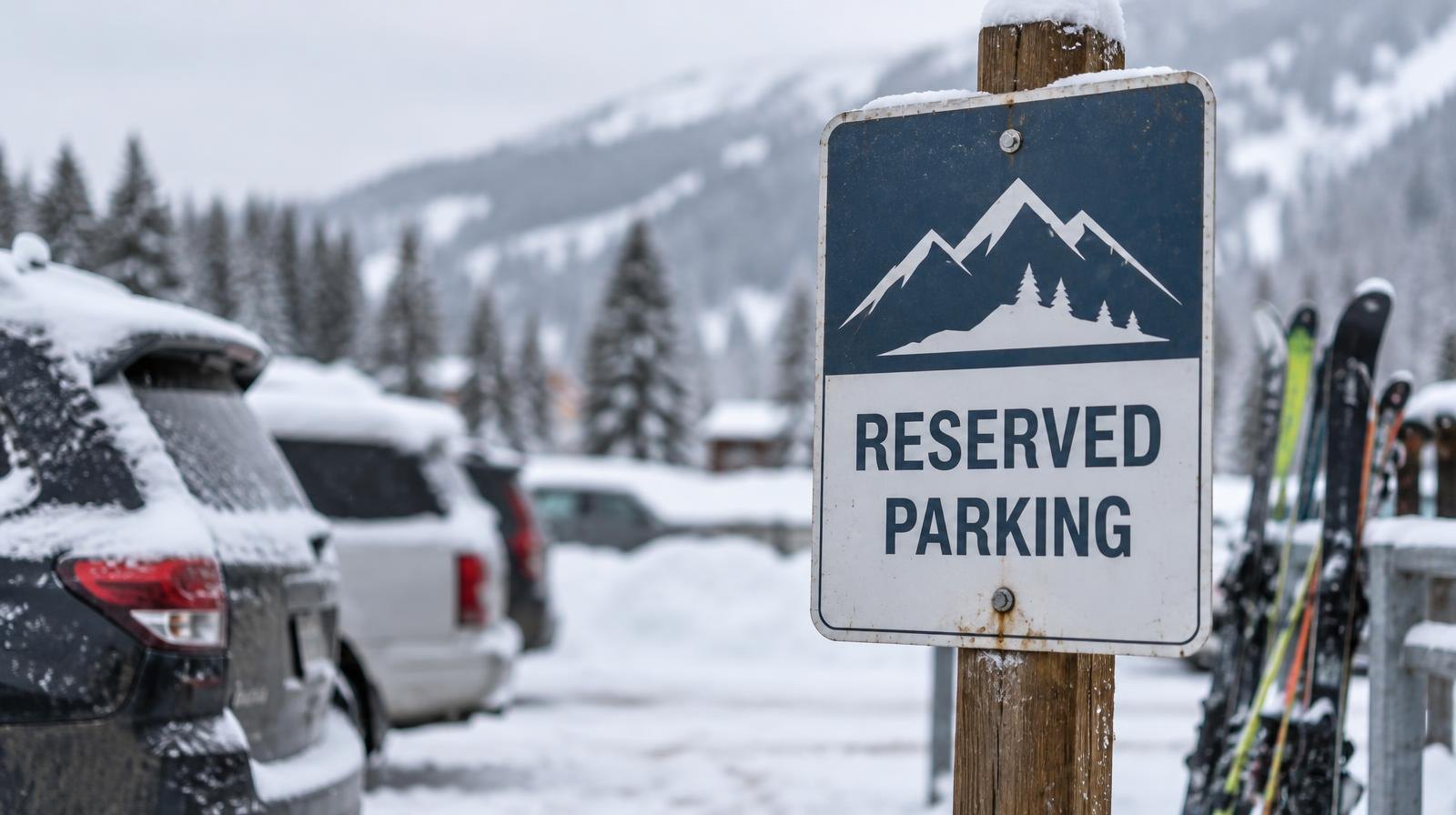 A reservation sign on a post in a snow-covered mountain parking area with cars nearby.