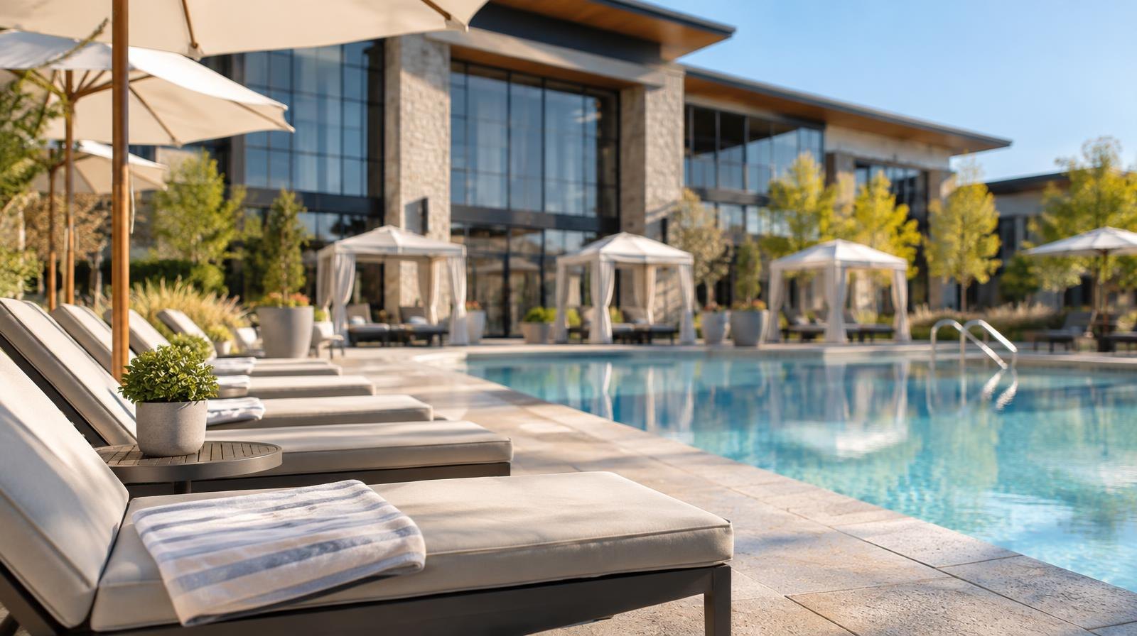 Modern athletic club exterior with resort-style pool, lounge chairs, and cabanas.