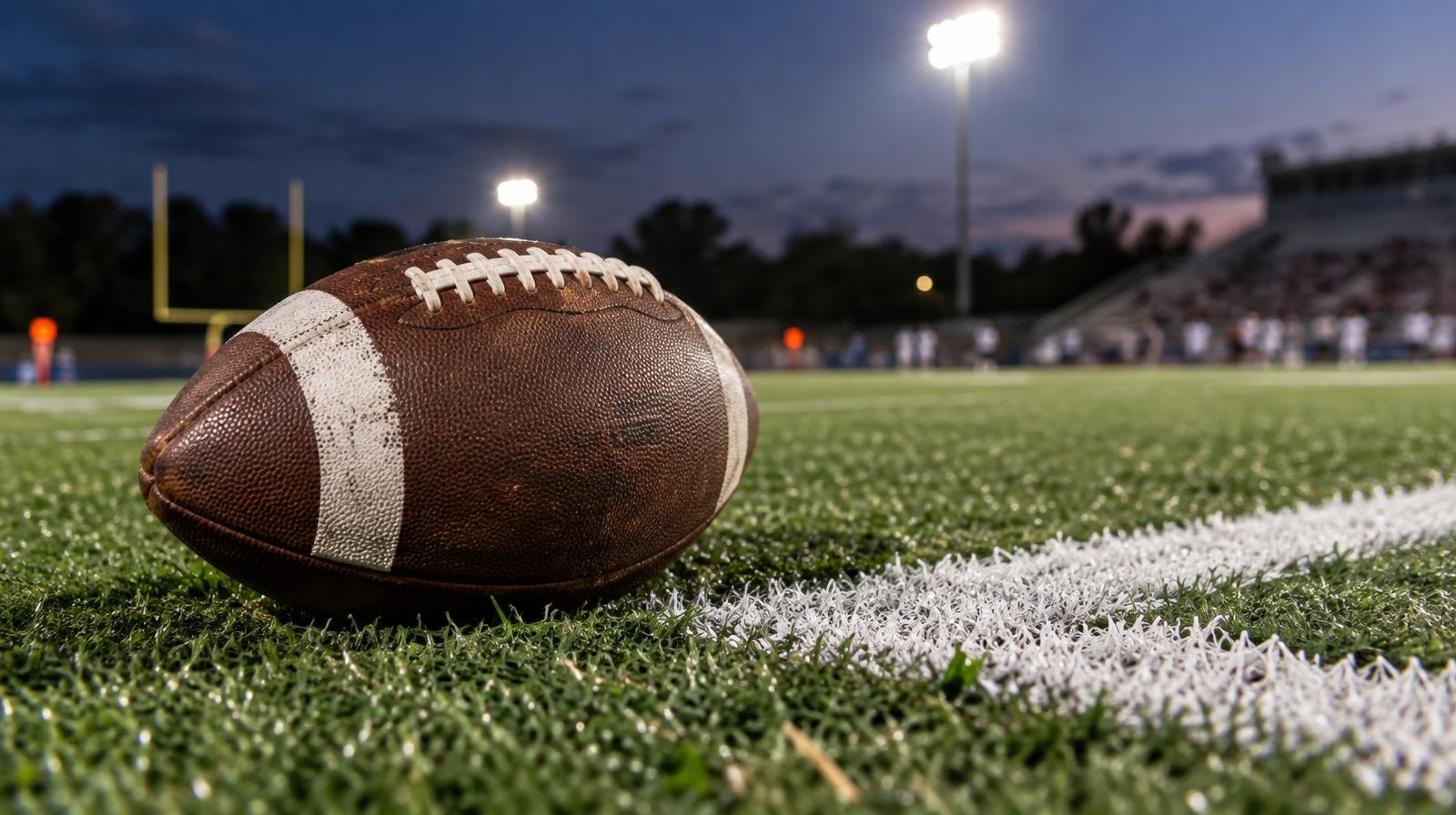 An American football resting on green turf beside a white yard line.