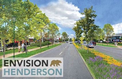 Architectural rendering of a tree-lined urban road with median plantings and pedestrians.