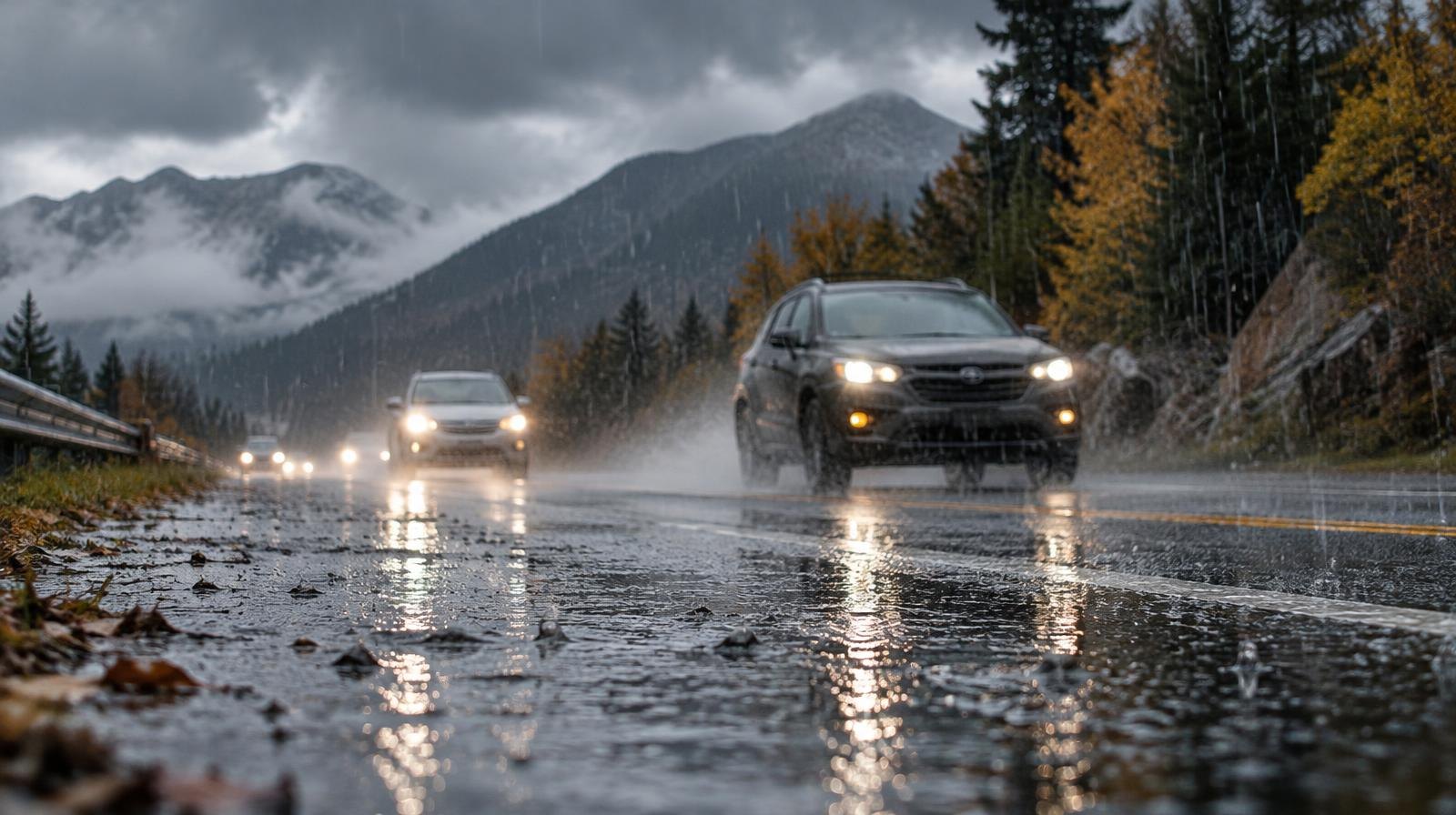 Rain falls on a wet road with puddles forming under dark storm clouds.