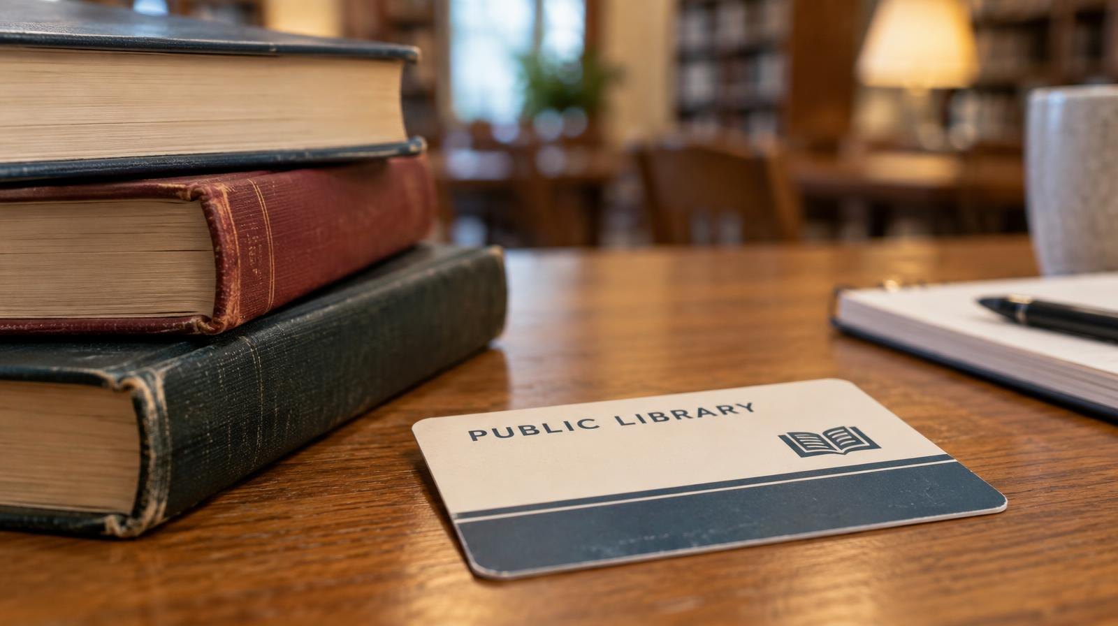 A library card on a wooden desk beside a small stack of hardcover books.
