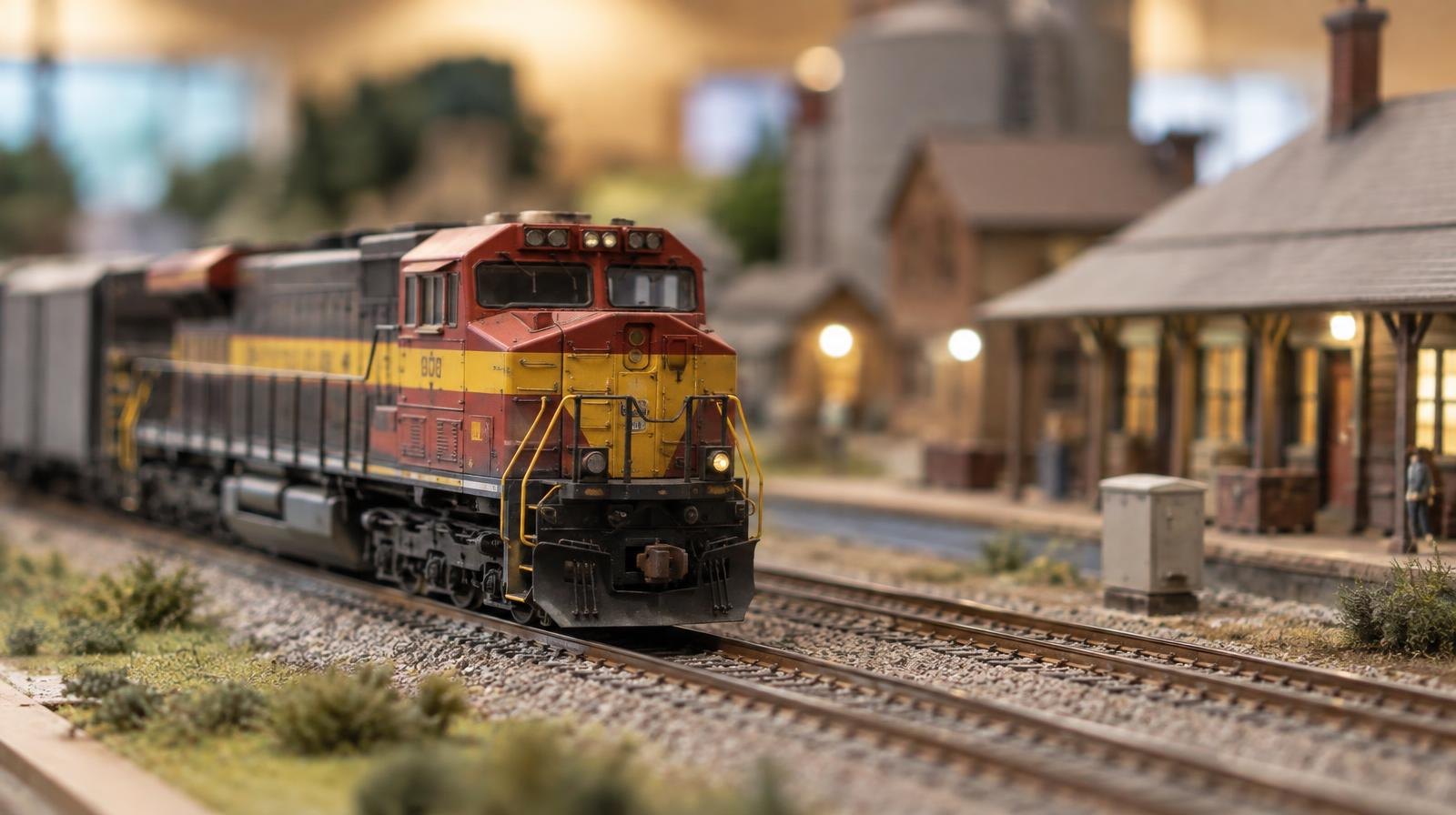 Small model train locomotive on a miniature railroad track with tiny buildings.