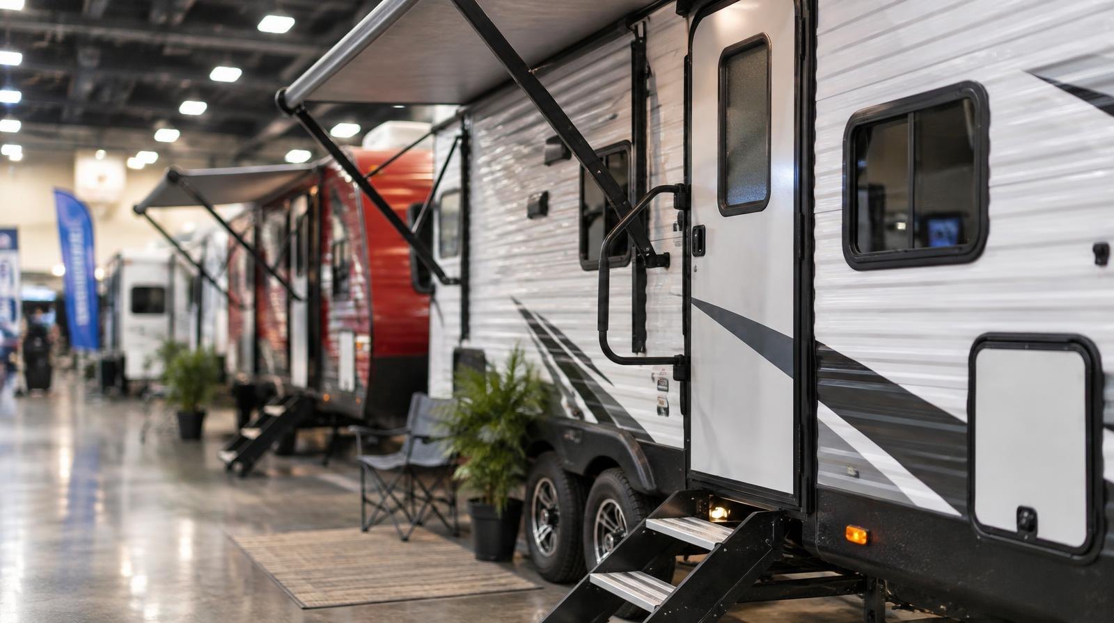 Colorful RVs and travel trailers parked side by side on a convention floor.