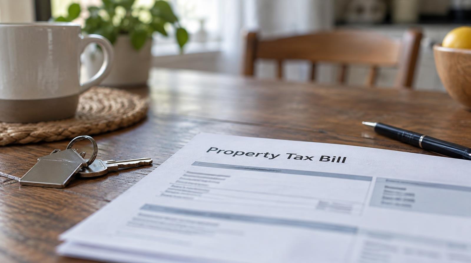 A tax statement document on a table next to a house key and a pen.
