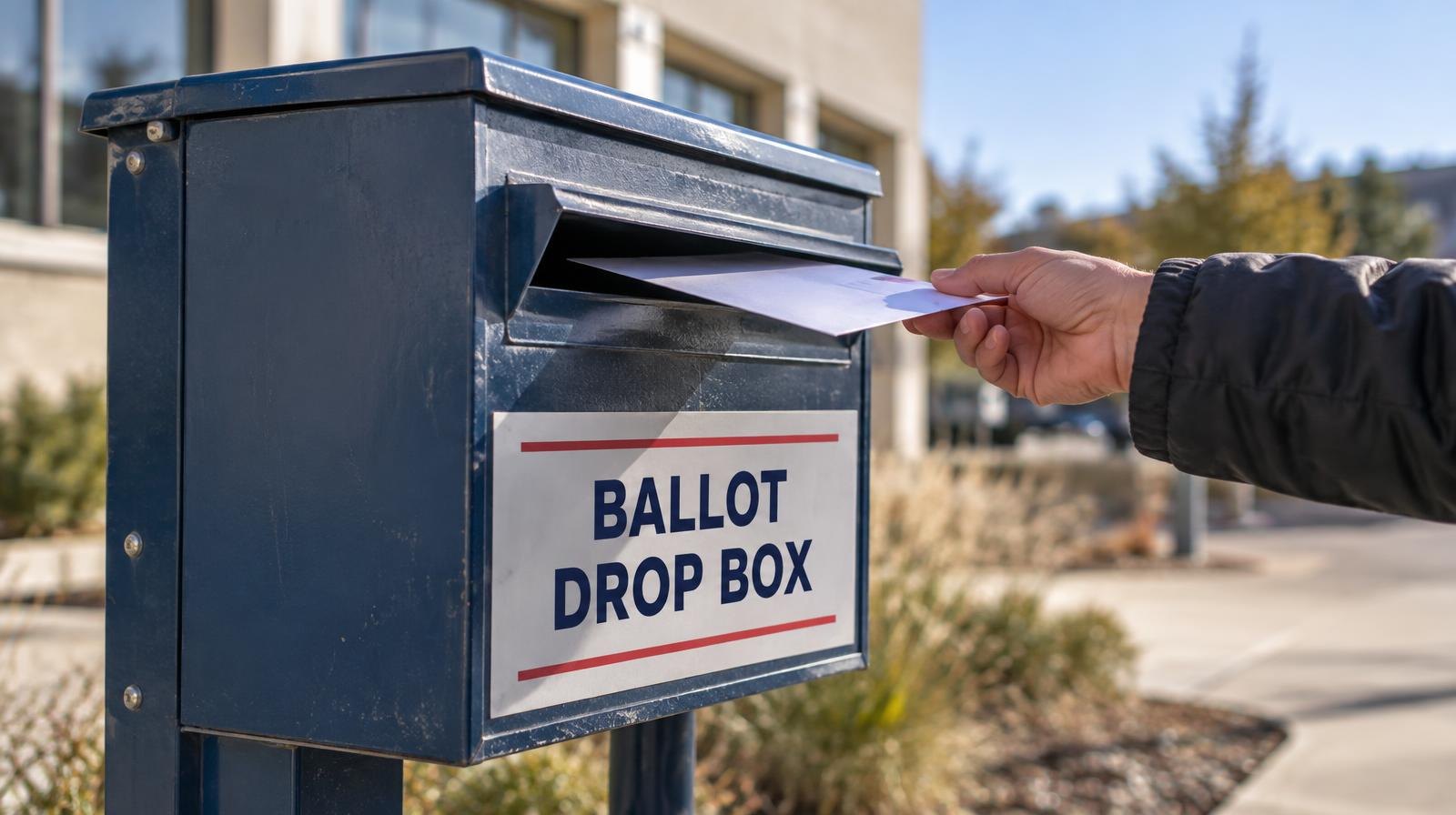 A hand inserting a sealed envelope into a ballot drop box on a post.