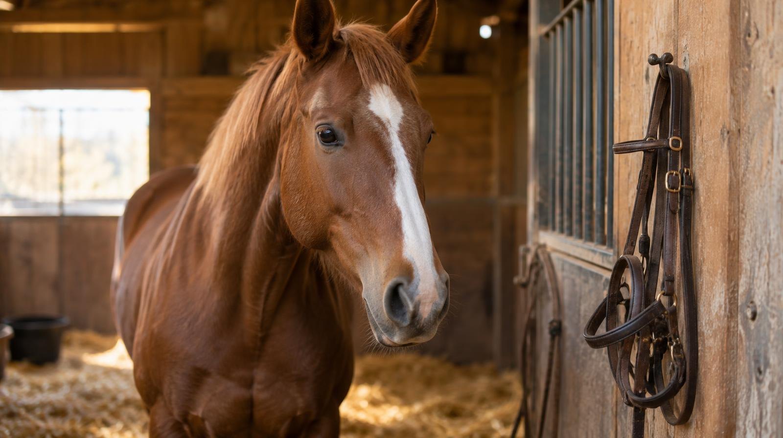 A chestnut horse in a wooden stable stall with straw on the floor.