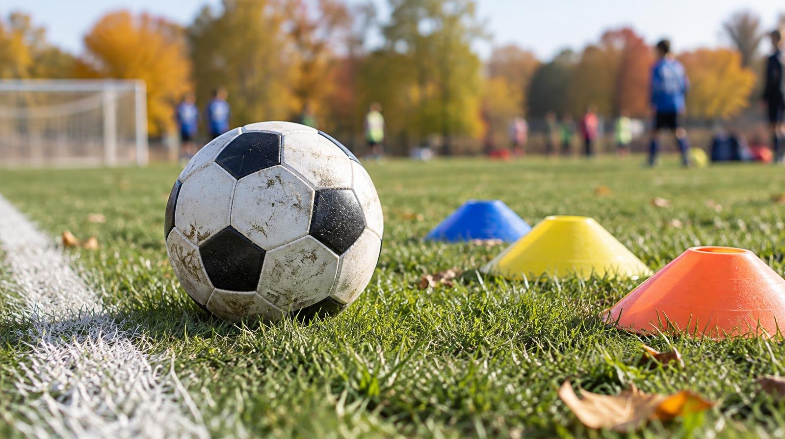 A soccer ball on green grass near a white sideline with colorful cones.
