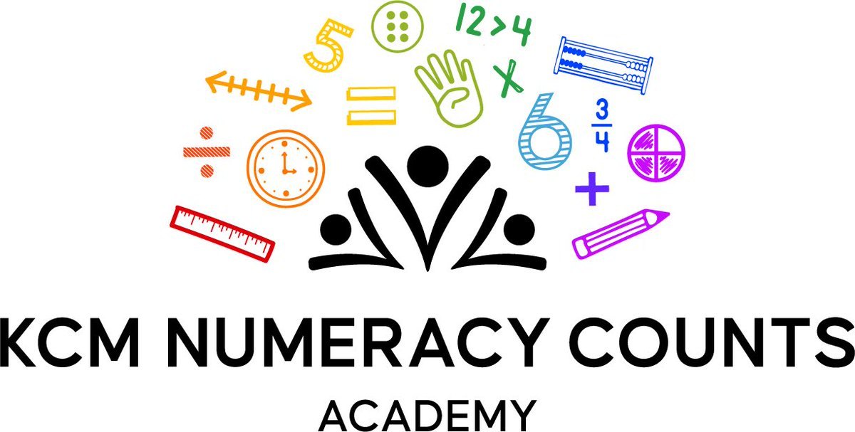 Colorful logo with stylized figures and math symbols reading KCM Numeracy Counts Academy.