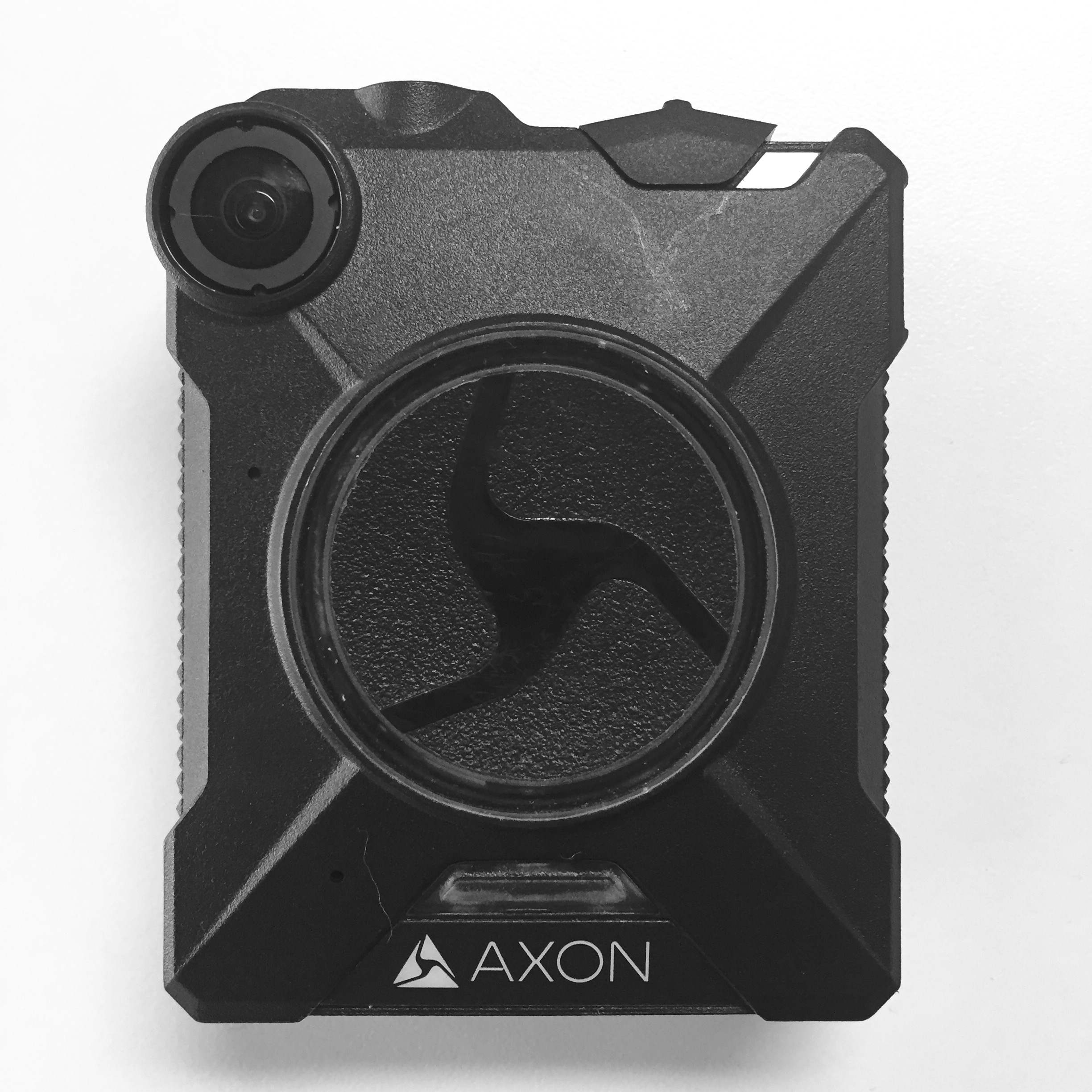 A black Axon body-worn camera with a wide-angle lens on a white background.