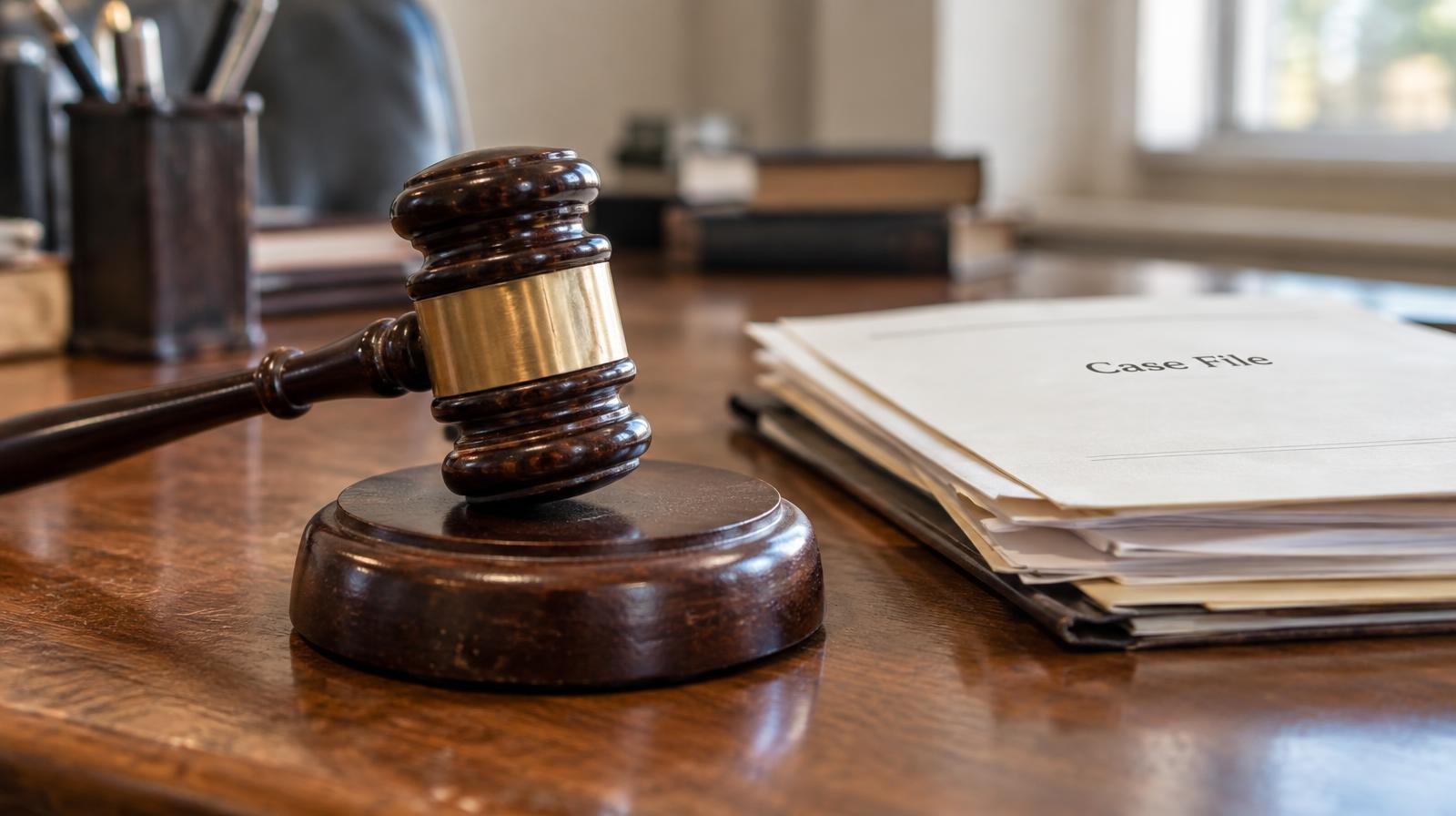 A wooden gavel resting on its sound block next to stacked documents on a desk.