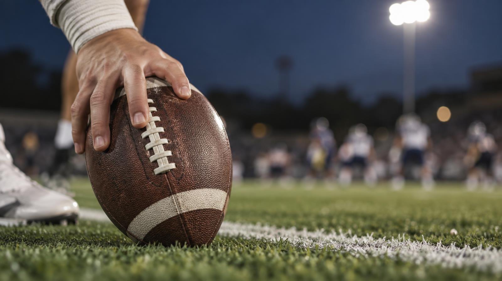 A football resting on green turf beside a white yard line under stadium lights.