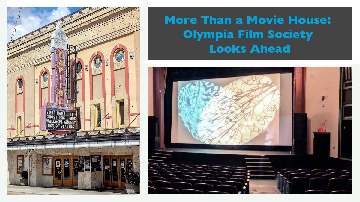 Composite showing a historic theater exterior marquee alongside an interior view of a lit projection screen.
